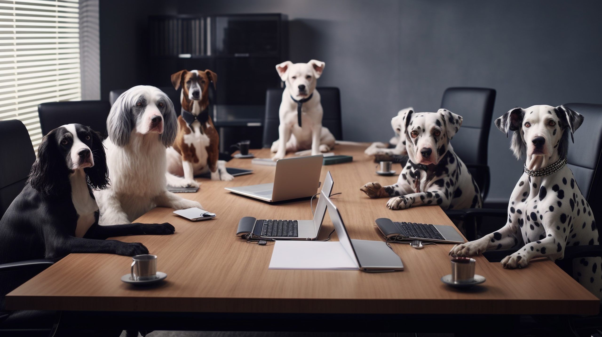 dogs sat around a corporate board table